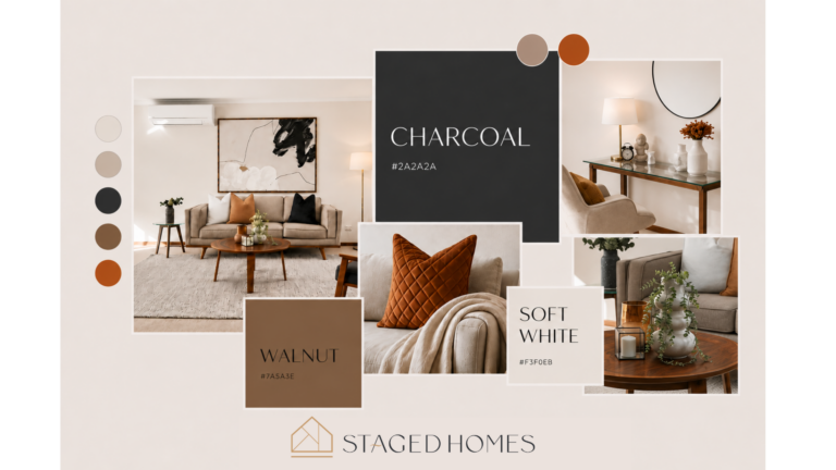 Staged homes Moodboard, Charcoal accents, walnut tone and contrasting warm white