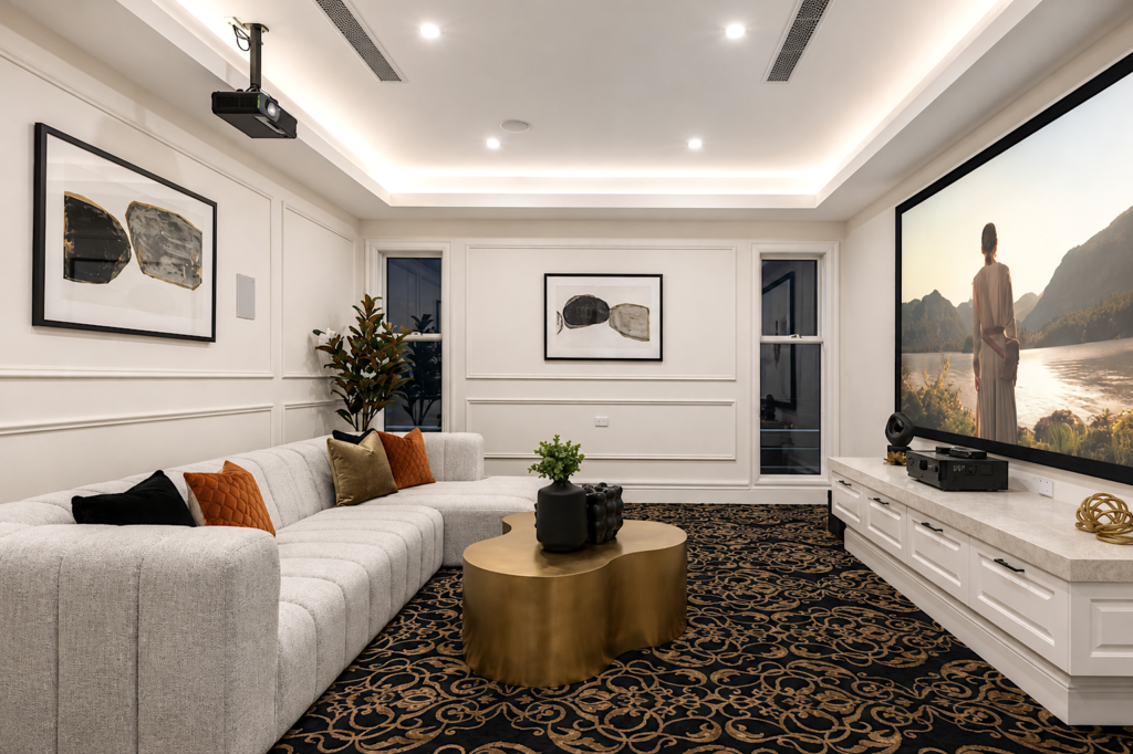 Luxury home theatre with projector, oversized screen, custom cabinetry and designer seating, premium house in Camberwell. Luxury home theatre with projector, oversized screen, custom cabinetry and designer seating, premium house in Camberwell.