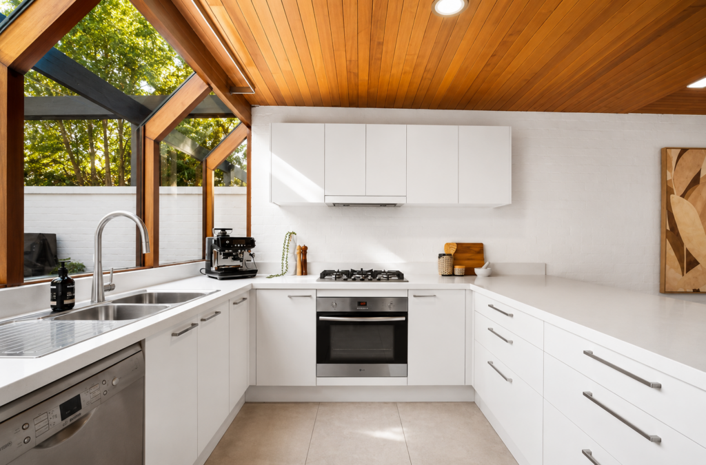 A staged kitchen at black burn, white kitchen with warm accessories, timber roof and large growing over natural windows.