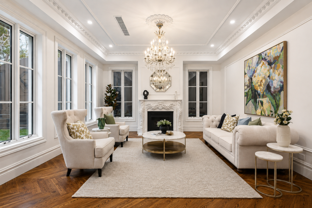 Elegant formal living room with crystal chandelier, decorative fireplace, herringbone timber flooring and luxury home staging, premium house in Camberwell.