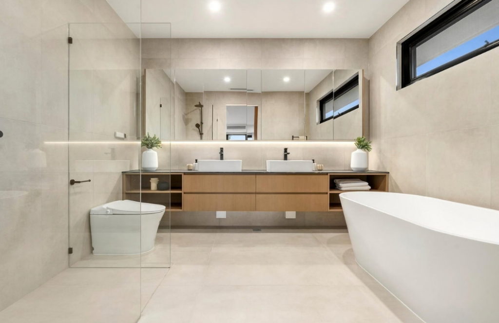 Modern bathroom with freestanding bath, double vanity, timber cabinetry and glass shower in a luxury house in Doncaster.