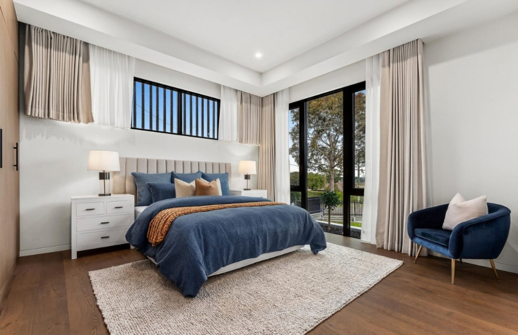 Bedroom styled with deep blue bedding, white bedside tables and navy accent chair in a luxury house in Doncaster.