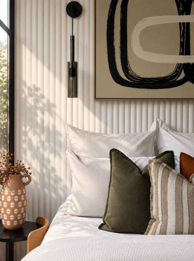 Beddings, artwork and vase in sunlight without UV window coating protection.