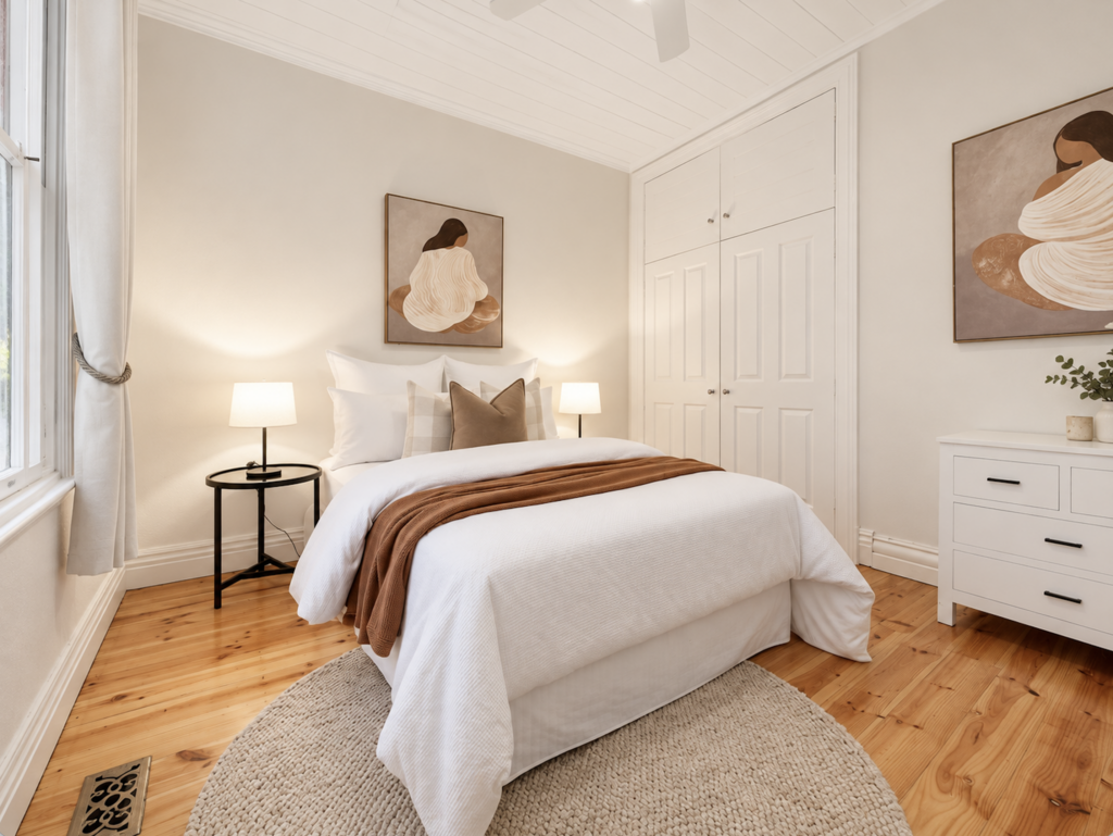 Warm neutral bedroom staging with white bedding, rust throw and contemporary artwork in Melbourne home