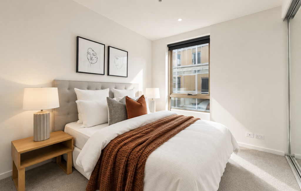 Bright staged bedroom with warm rust accents, neutral bedding and contemporary black-framed artwork in an apartment in Collingwood.