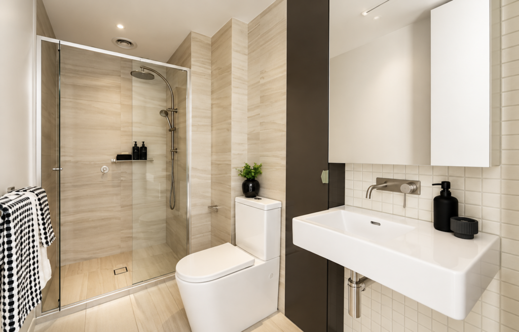 Modern bathroom with neutral stone tiles, glass shower, white vanity and black styling accents in an apartment in Collingwood.