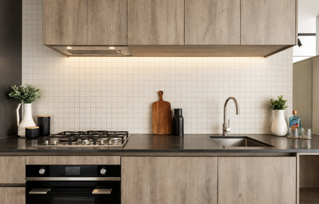 Contemporary kitchen with timber cabinetry, black benchtop and simple decorative styling in an apartment in Collingwood.