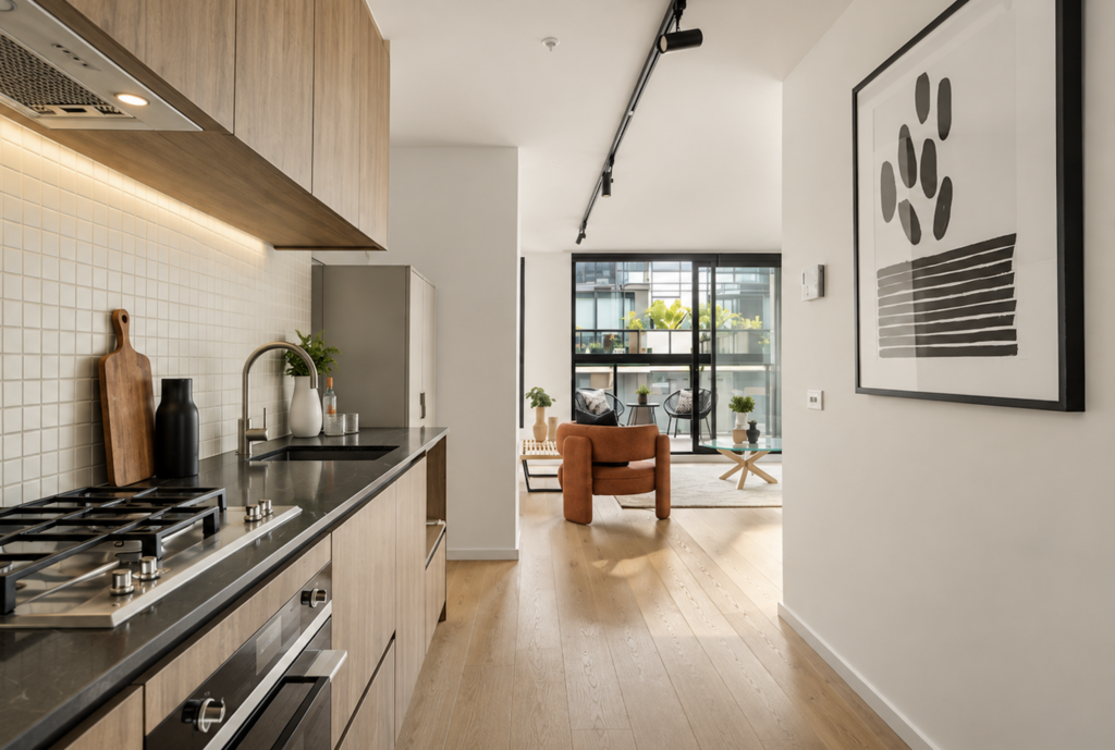 Modern galley kitchen leading into a professionally staged living area with warm timber and rust accents in an apartment in Collingwood.