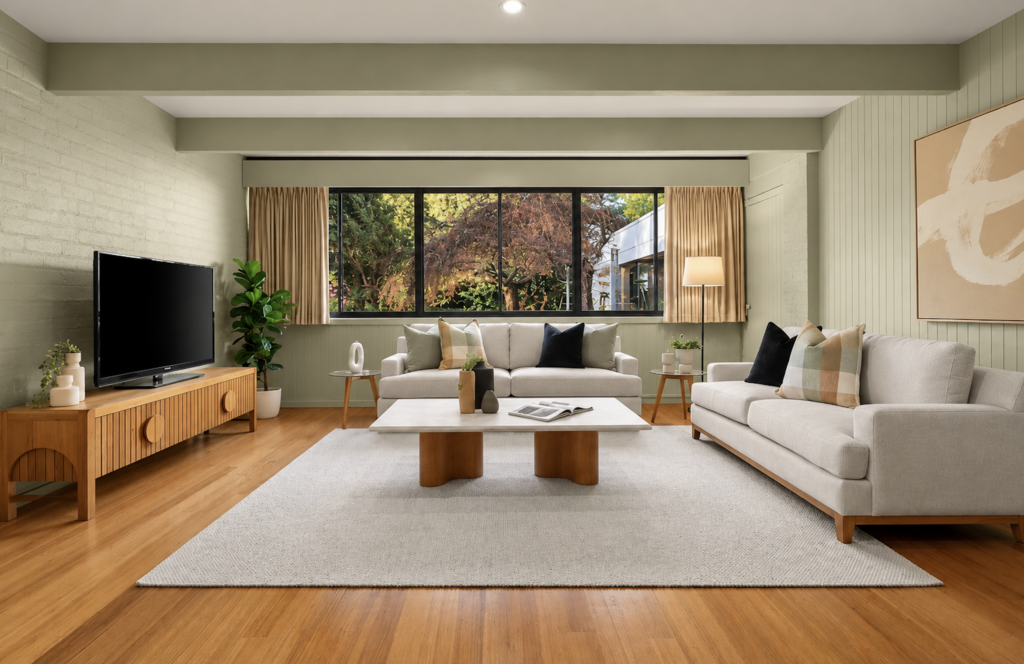 Light-filled living room styled with neutral sofas, sculptural timber coffee table, soft green walls and warm natural accents in a house in Cockatoo.