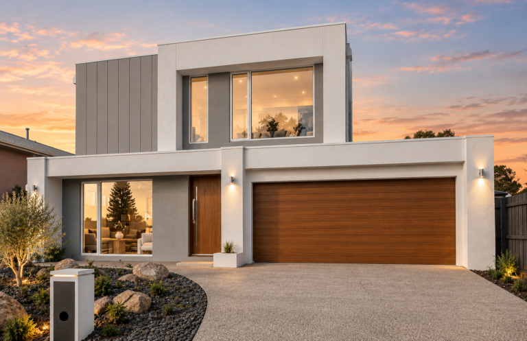 a modern beach house in dromanan, shot from the front of the house with a sunset behind it.